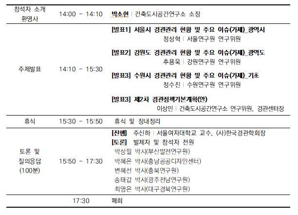 '제4차 AURI 경관포럼' 개최 안내 프로그램(안)에대한 내용입니다 . 자세한 내용은 아래의 글을 확인해주세요
