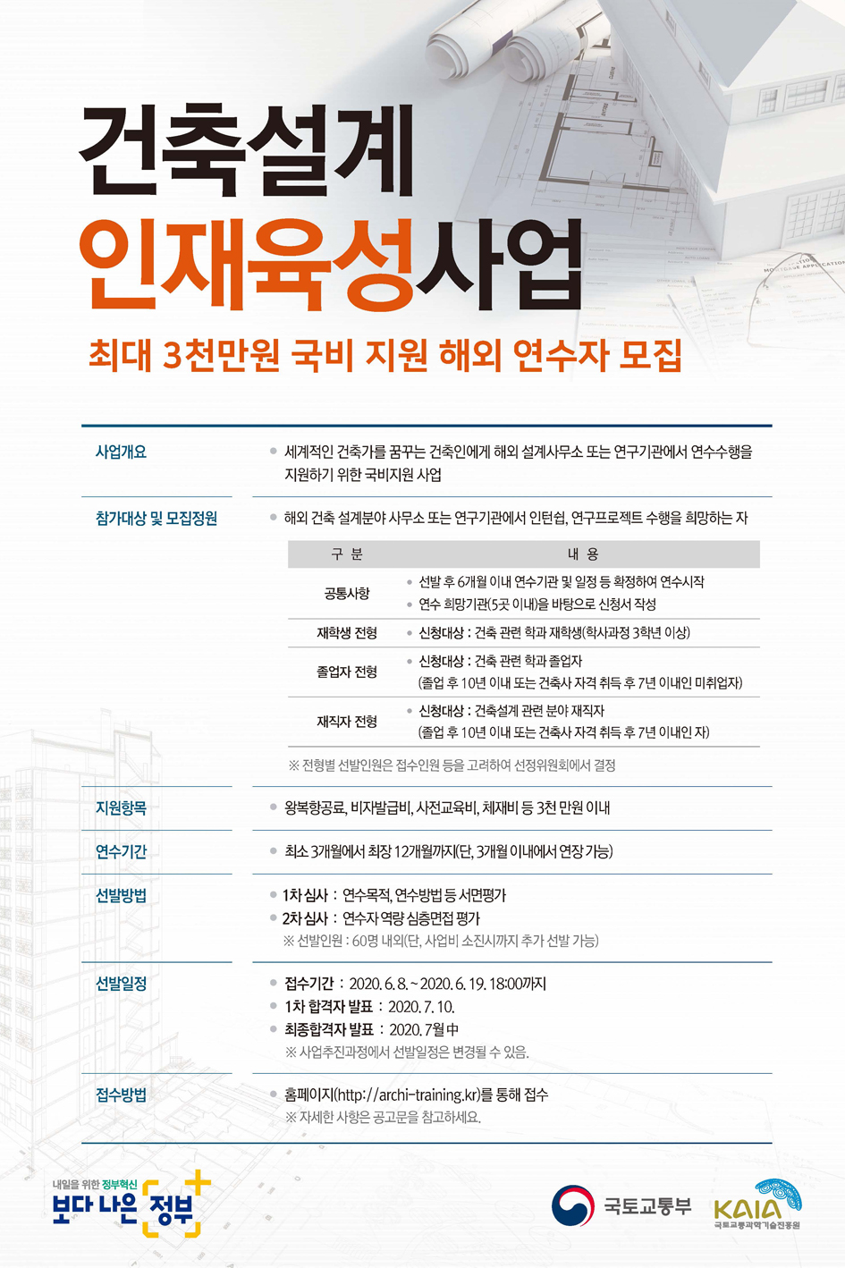 국토교통부, '2020년 건축설계 인재육성사업' 참가자 모집 안내입니다. 자세한 사항은 아래의 글을 참조해주세요.